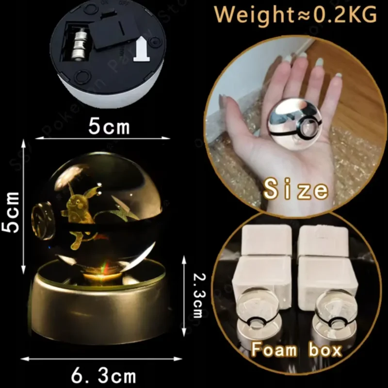 Lampka Nocna Na Biurko LED 3D Kryształowa Kula Wielokolorowa POKEMON RAICHU - obrazek 5