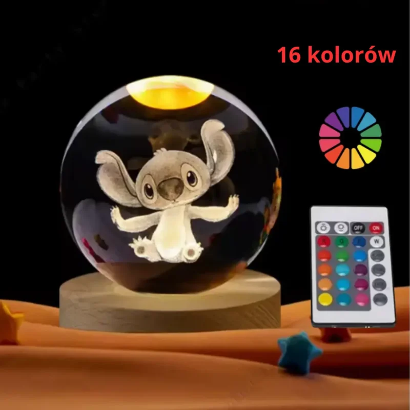 Kryształowa kula lampka RGB Grawerowana STITCH podświetlana LED 16 kolorów