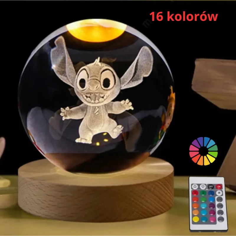 Kryształowa kula lampka RGB Grawerowana STITCH podświetlana LED 16 kolorów