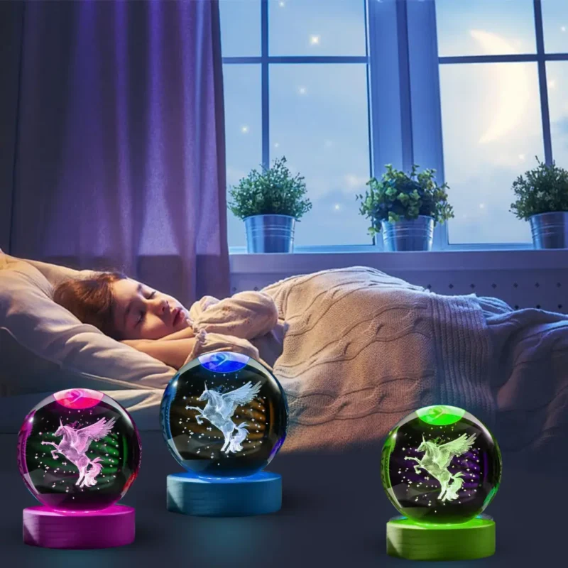 Kryształowa kula lampka Grawerowana podświetlana LED JEDNOROŻEC - obrazek 4