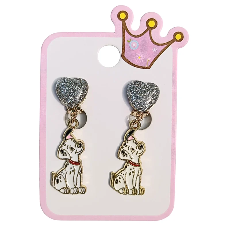 Klipsy dziecięce 101 DALMATYŃCZYKÓW ze srebrnymi serduszkami bez przekłuwania uszu