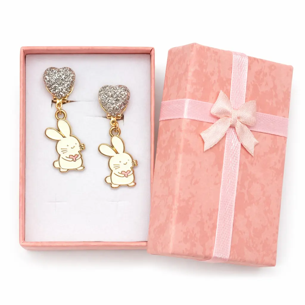 Kolczyki klipsy dla dziewczynki – króliczki z serduszkiem, brokatowe - obrazek 2