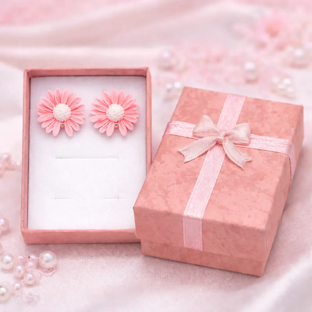Kolczyki Klipsy dla Dziewczynki Różowe stokrotki z białym środkiem Prezent - obrazek 2