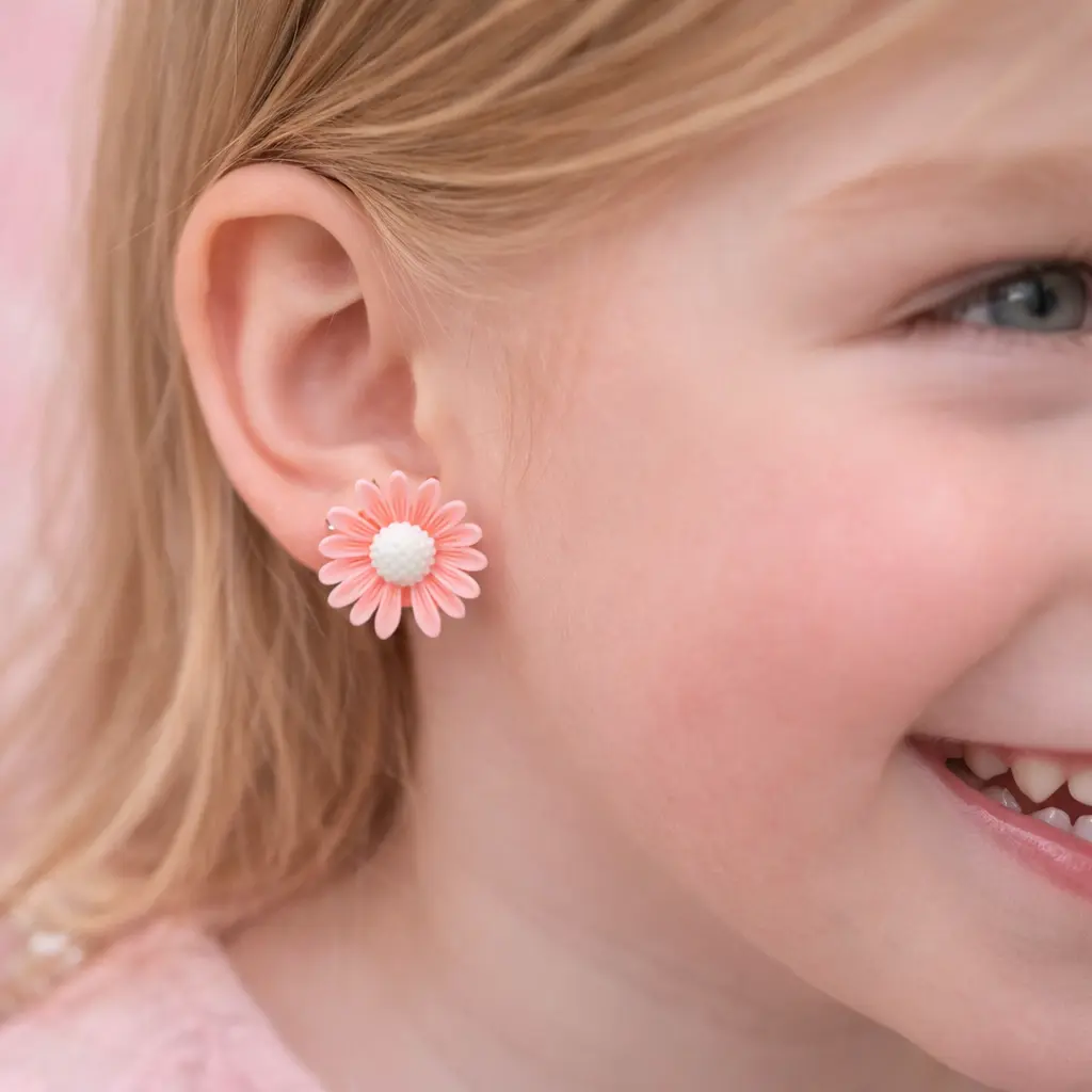 Kolczyki Klipsy dla Dziewczynki Różowe stokrotki z białym środkiem Prezent - obrazek 3