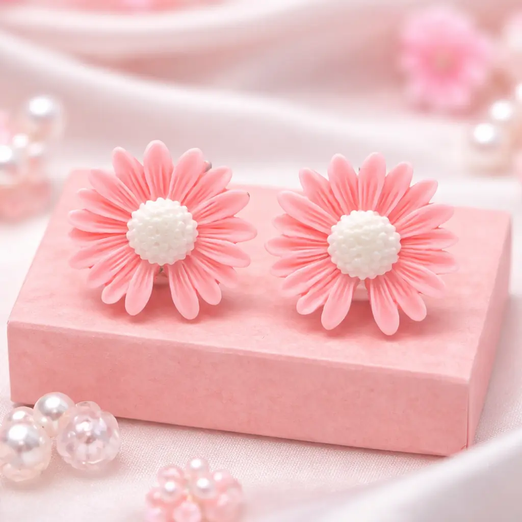 Kolczyki Klipsy dla Dziewczynki Różowe stokrotki z białym środkiem Prezent - obrazek 5