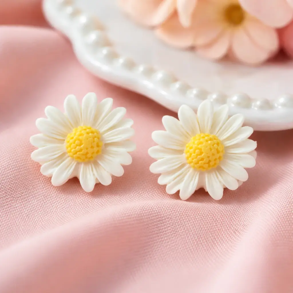 Kolczyki Klipsy dla Dziewczynki stokrotki białe z żółtym środkiem Prezent - obrazek 5