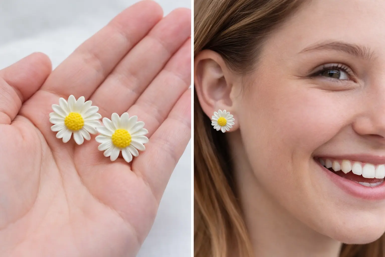 Kolczyki Klipsy dla Dziewczynki stokrotki białe z żółtym środkiem Prezent - obrazek 3