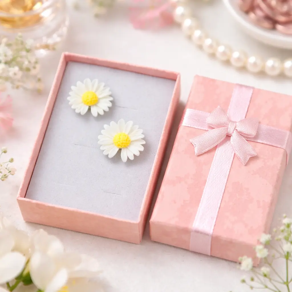 Kolczyki Klipsy dla Dziewczynki stokrotki białe z żółtym środkiem Prezent - obrazek 2