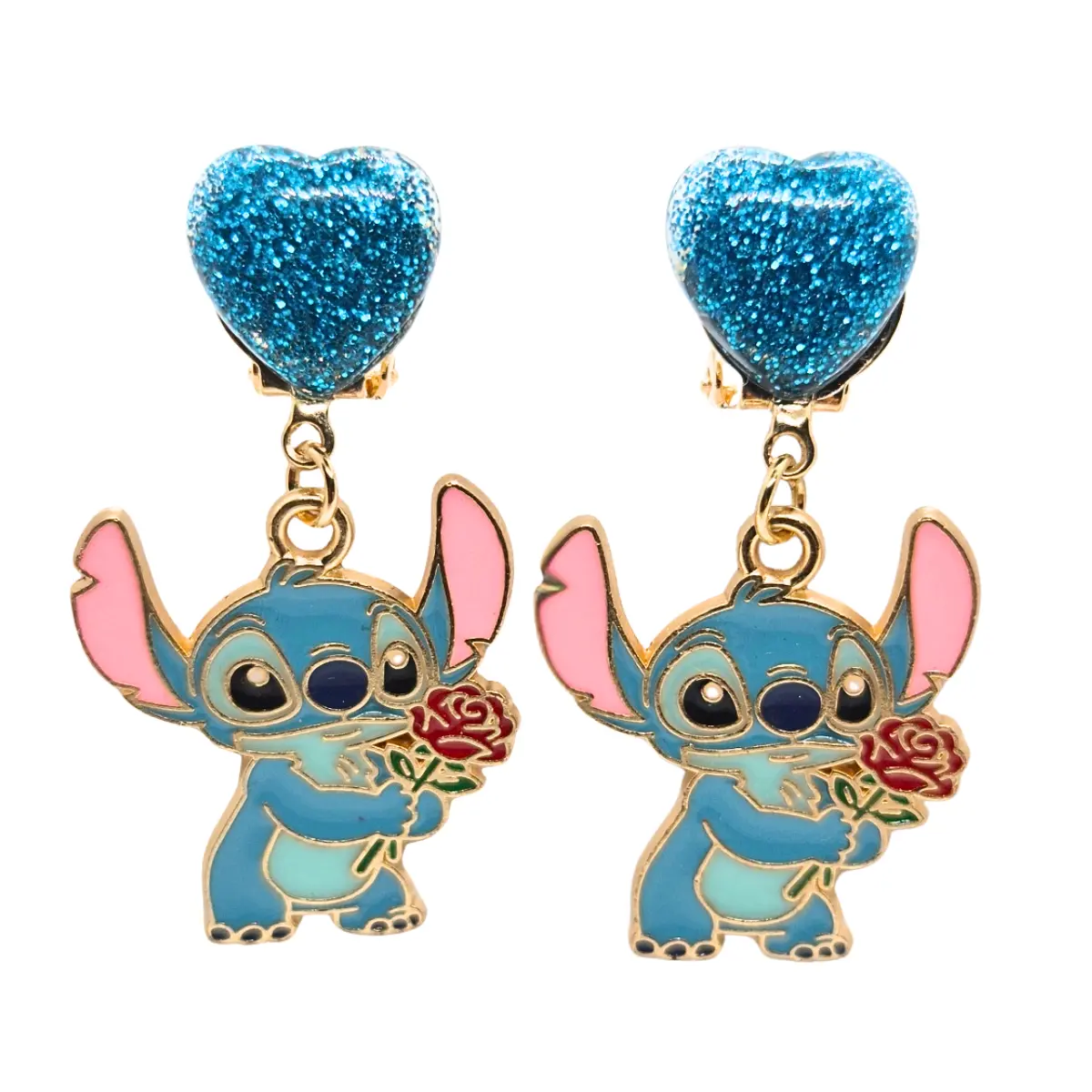 Kolczyki klipsy z brokatowym serduszkiem i stitchem w złotej oprawie