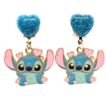 Kolczyki klipsy z brokatowym serduszkiem i stitchem w złotej oprawie