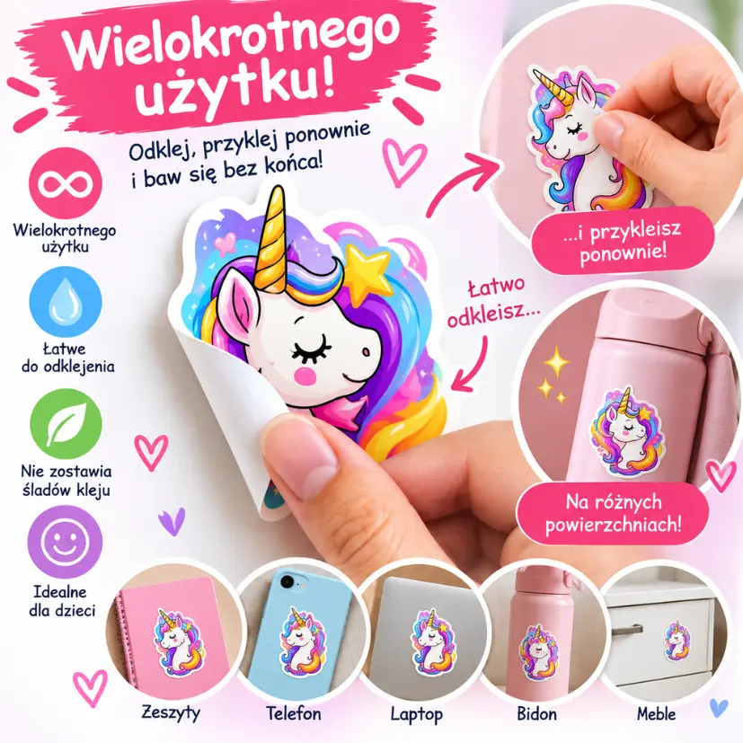 Naklejki winylowe dla dzieci – jednorożce, 50 różnych wzorów - obrazek 4