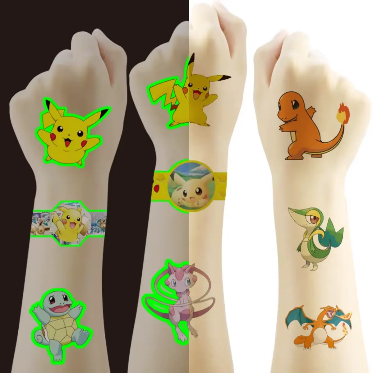 Tatuaże Pokémon dla dzieci zmywalne świecące w ciemności – 4 arkusze - obrazek 3