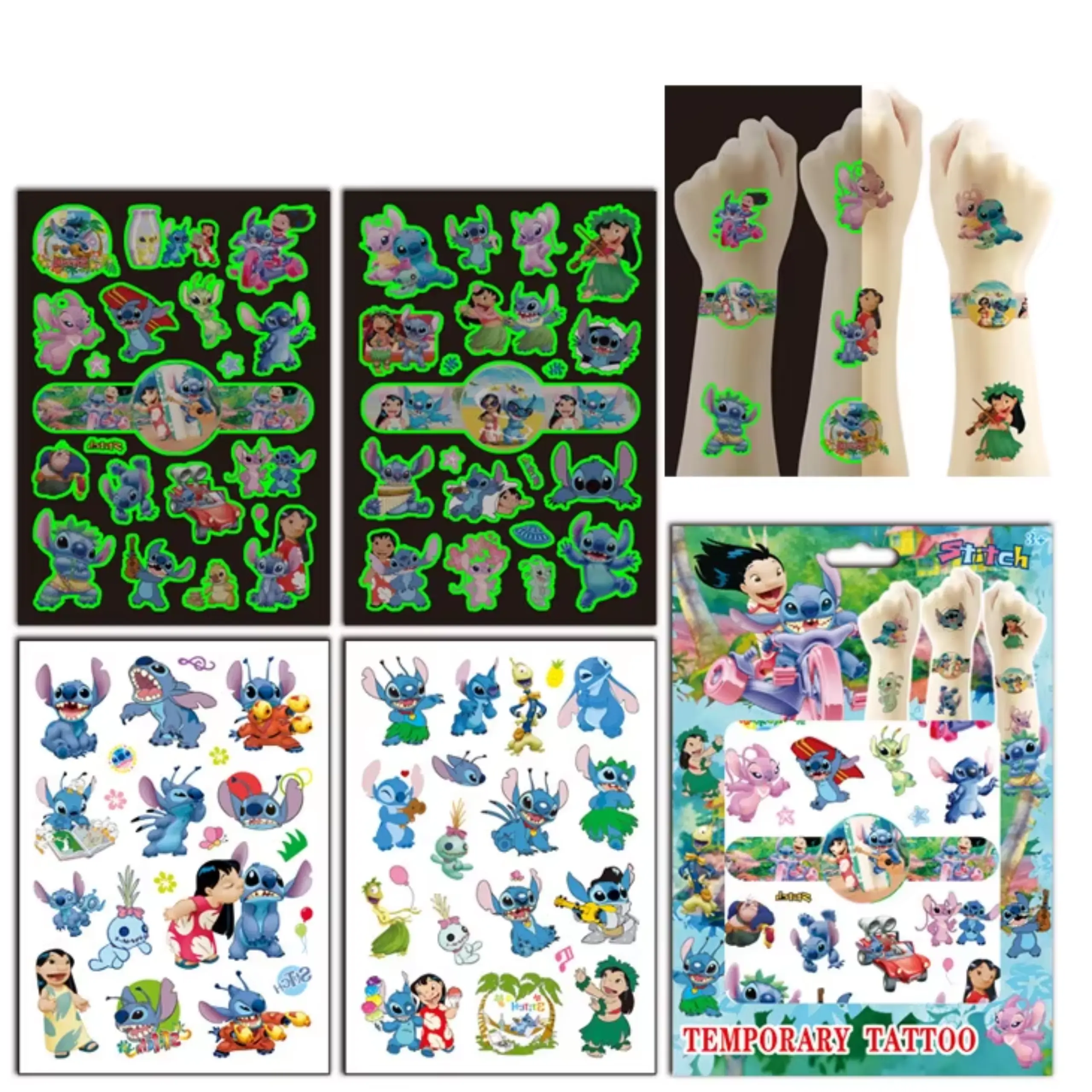 Tatuaże Stitch dla dzieci zmywalne świecące w ciemności – 4 arkusze