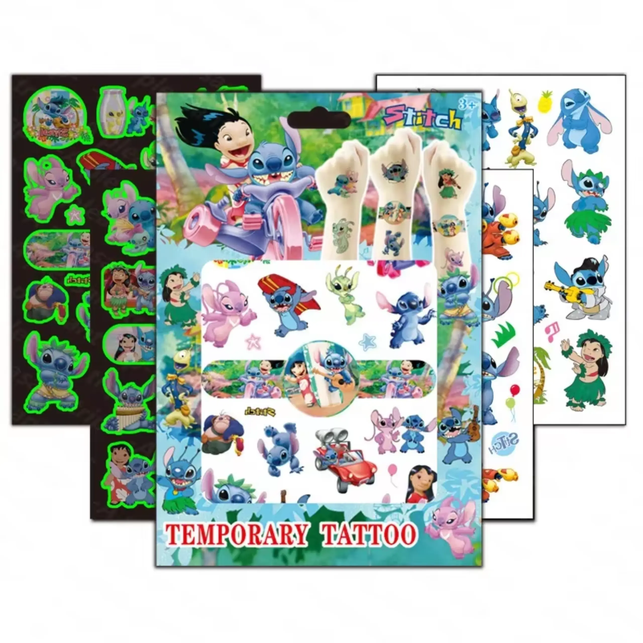 Tatuaże Stitch dla dzieci zmywalne świecące w ciemności – 4 arkusze - obrazek 3