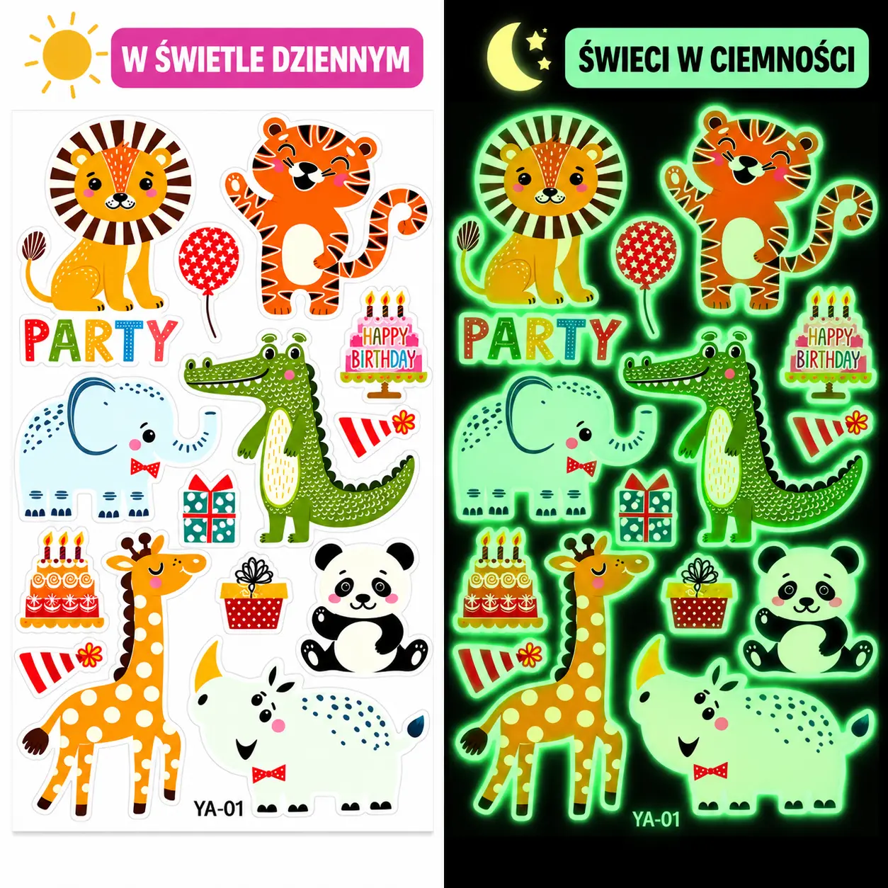 Tatuaże zmywalne dla dzieci świecące w ciemności – Zwierzątka
